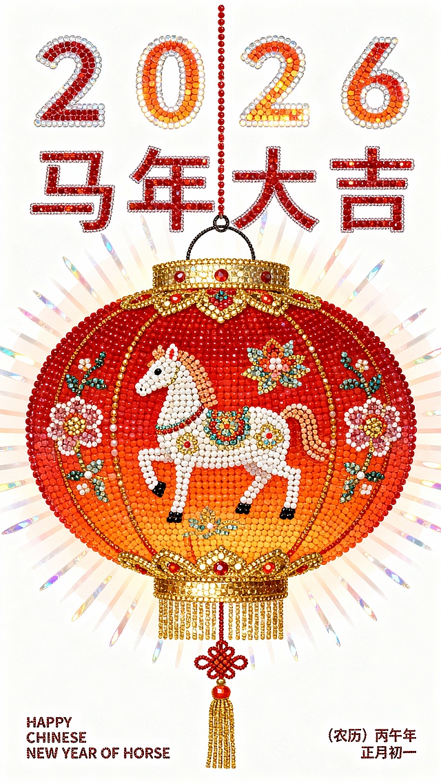 主体是红到橙渐变的圆柱形中式灯笼（表面饰有小马和宝相花纹图案），顶部配挂环与装饰珠，底部带金色饰边、中国结装饰及流苏，周围环绕柔和光晕。上下留白，左右留白，不要撑满整个画面。色调为纯白背景+ 红到橙渐变。画面上方有极细字体"2026""马年大吉"，左下方小字“HAPPY CHINESE NEW YEAR OF HORSE” ，右下方小字“（农历）丙午年 正月初一”