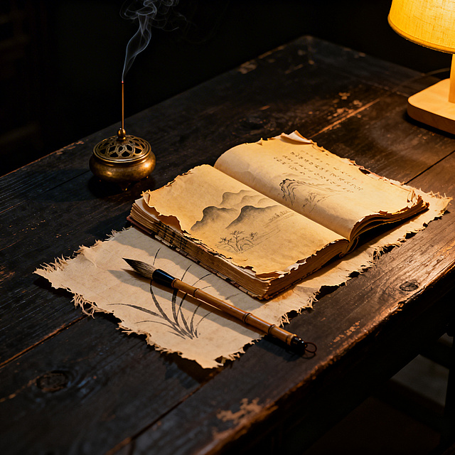 古朴静谧禅意文人书案场景，深色老榆木桌面带自然纹理和轻微磨损痕迹，核心视觉中心是占画面约1/3的翻开古书，书页微微泛黄，边缘有自然卷曲和破损，纸张呈米黄色，书页有自然起伏，上面隐约浮现山水、符文图案。古书下露出半张带粗糙纤维感的泛黄宣纸，宣纸边缘是手工毛边，上面有淡淡的墨迹兰草。竹制旧毛笔横放在宣纸上，笔杆指向古书，笔头洗净干燥，笔尖微微散开。古书另一侧摆放简约铜质博山炉，一炷细香正在燃烧，飘出一缕若有若无的青烟。画面右上角边缘露出暖黄色灯的下半部分灯罩，2700K暖光从侧上方斜照，只照亮古书和香炉周围区域，桌面边缘自然暗下，书页褶皱、毛笔、香炉都有明显阴影，背景隐没在深邃黑暗中，整体为黑金深褐色调，氛围静谧充满禅意。