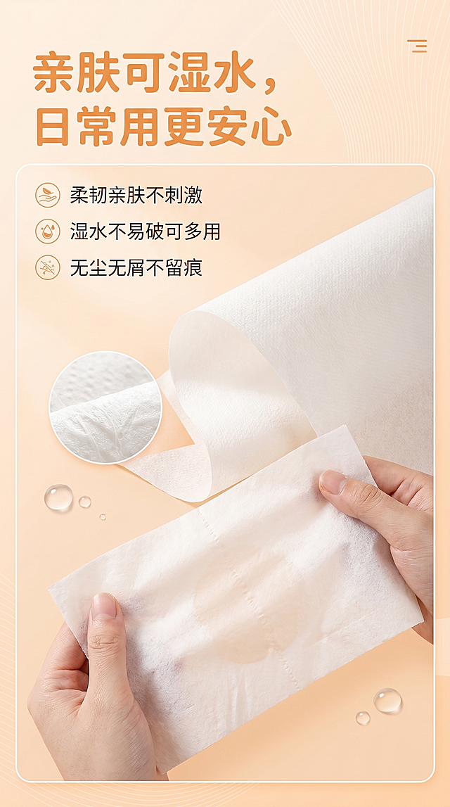 详情页品质保障模块，主标题"亲肤可湿水，日常用更安心"，小标题列出柔韧亲肤不刺激、湿水不易破可多用、无尘无屑不留痕，浅橙简约风格，突出展示新澳洁壁挂抽纸的纸质细节，适配9:16竖版
