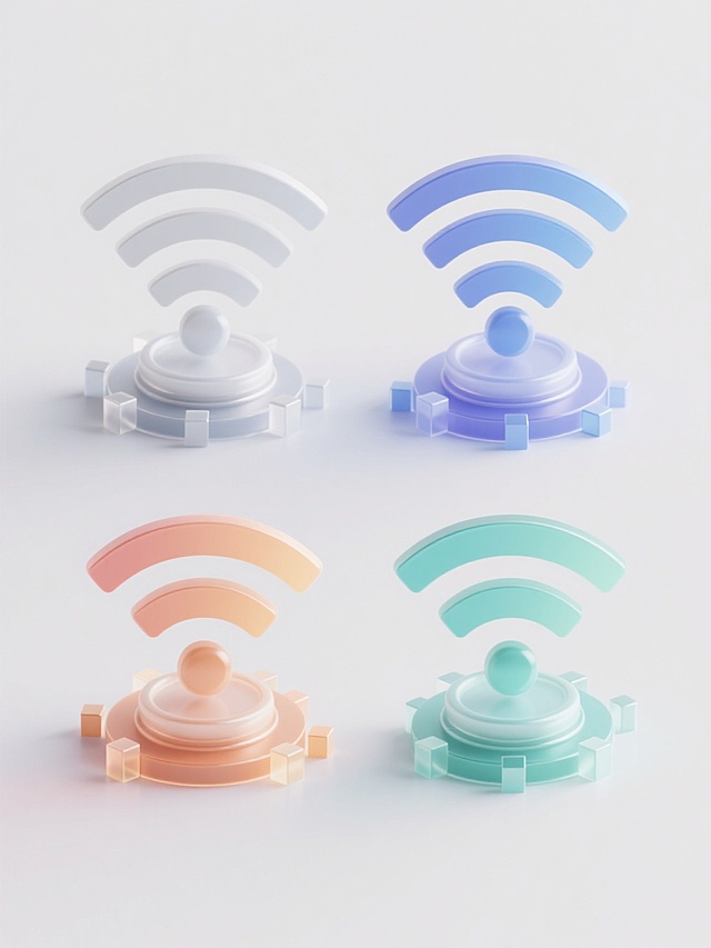四个不同配色的WiFi图标，每个图标具有独特的样式设计，保持3D立体效果和透明渐变质感，光影效果柔和，高光清晰，阴影细腻。每个WiFi图标由三个向上弯曲的弧形组成，底部配有圆形底座，周围点缀小型立方体装饰。图标排列整齐，呈矩形分布，背景为纯白色，整体风格统一，具有现代科技感和简洁的设计美学。