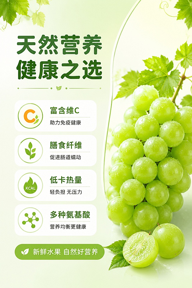 [第5屏] 详情页营养成分-天然健康价值。本屏使用【图1】作为商品主体参考。
[氛围/风格] 清新健康风，信息可视化，简约专业。
[元素布局] 画面右侧放一串阳光玫瑰青提，占比约35%；左侧是营养成分信息区，用图标+数据展示；背景淡绿色渐变；中间用浅色曲线分隔；顶部装饰葡萄叶元素。
[光影质感] 均匀柔光，整体明亮干净，专业感。
[配色色系] 全局底色 #F1F8E9 浅绿；主色健康绿 #689F38；辅助色白色信息卡、浅绿图标；点缀色浅橙（维C标识）。
[视角构图] 右图左文布局，正面平视，阅读动线从上到下。
[文字版式] 顶部大标题「天然营养 健康之选」圆润黑体；左侧四个营养项，每项圆形图标+文字：「富含维C」「膳食纤维」「低卡热量」「多种氨基酸」；底部小字说明「新鲜水果 自然好营养」；字色深绿+白色，统一圆润黑体。
[比例分辨率] 2:3竖版比例，4K分辨率，文字清晰可辨，高清画质。
[负向提示词] 葡萄变形，营养数据错误，图标模糊，文字过小，水印，背景杂乱。