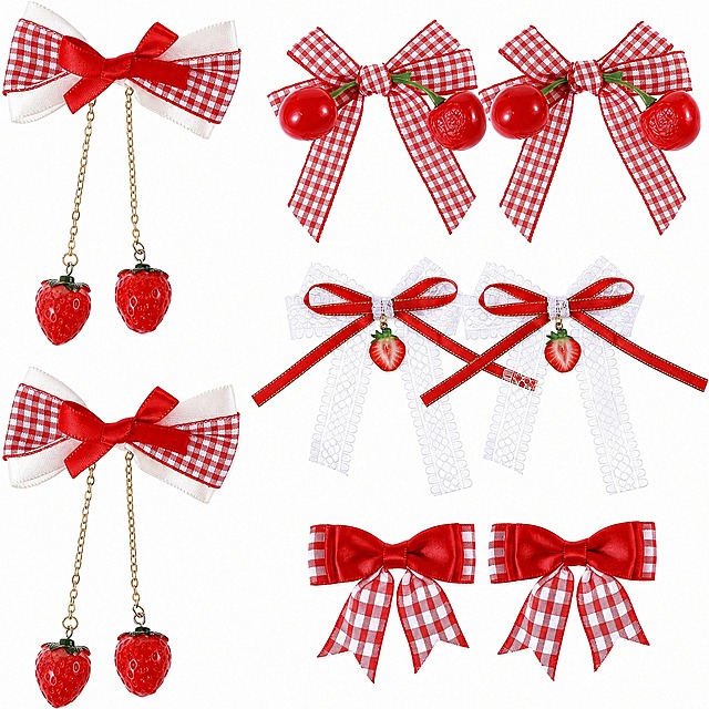[主图-1] 商品名称 8 Pcs Red Gingham Bow Hair Clips with Cherry & Strawberry Charms, Lace Ribbon Hair Accessories。唯一任务：亚马逊白底首图，完整清晰正面呈现整套 8 件发夹。
[统一基调] 整套统一为甜美少女感跨境 listing 视觉，背景主色柔粉奶白到浅粉，主标题统一现代几何无衬线粗体深樱桃红，辅助文字同族无衬线中黑深灰，强调色为浅金与纯白，组件统一白色半透明圆角卡片配浅粉细描边与浅金细引线，全套只用这一套字体与色阶。首图例外：以纯白背景为主，不加组件。
[画面] 纯白背景满版，8 件发夹按 4 行 2 列规整平铺，全部完整入镜不裁切、互不遮挡，产品合计占画面 85% 以上，视角为正俯视略带 30 度倾斜以便看清立体吊坠；严格保持输入产品图外观：红白格纹布蝴蝶结、白色蕾丝缎带、红色缎带中结、金色细链条下垂的立体草莓吊坠与樱桃吊坠（红果配绿叶）、背面银色金属鳄鱼夹；每件吊坠链条自然垂落不打结、不穿模。
[光影质感] 保持输入产品图均匀柔和的棚拍光，无硬阴影，产品与台面之间保留轻微接触影，真实呈现格纹织纹、蕾丝镂空与缎带反光。
[配色] 画面仅使用纯白背景与产品原有的正红、白色、浅金，不添加其他环境色。
[文字版式] 首图不添加任何文字、图标、标签、边框、价格与水印，画面中除产品外无其他物体。
[输出要求] 1:1 方形 2048x2048，产品边缘清晰锐利、数量准确为 8 件、4 款设计各 2 件。负向：产品变形、颜色偏差、模糊、重影、悬浮、拼接痕迹、中文文字、水印、平台 Logo、多余道具。
