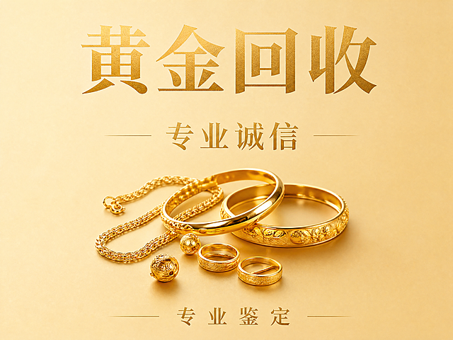 4:3黄金回收商业海报，页面简洁高端，主标题文字"黄金回收"放在顶部，副标题文字"专业诚信"放在中部，卖点文字"专业鉴定"放在底部，不出现价格、电话、变现词汇、钻石及钻石标志，三段式上下构图，米金色纯色背景，简约精致排版，4K超高清写实商业摄影风格，画面干净留白，无额外无关元素