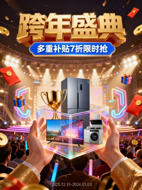 生成「跨年盛典」主题促销竖版海报，主视觉用金色立体大字 + 蓝底白字「多重补贴 7 折限时抢」标语；画面核心是双手托举的半透明礼盒，盒内嵌入奖杯 + 家电组合（电视 / 冰箱 / 厨电），背景叠加大型预览效果