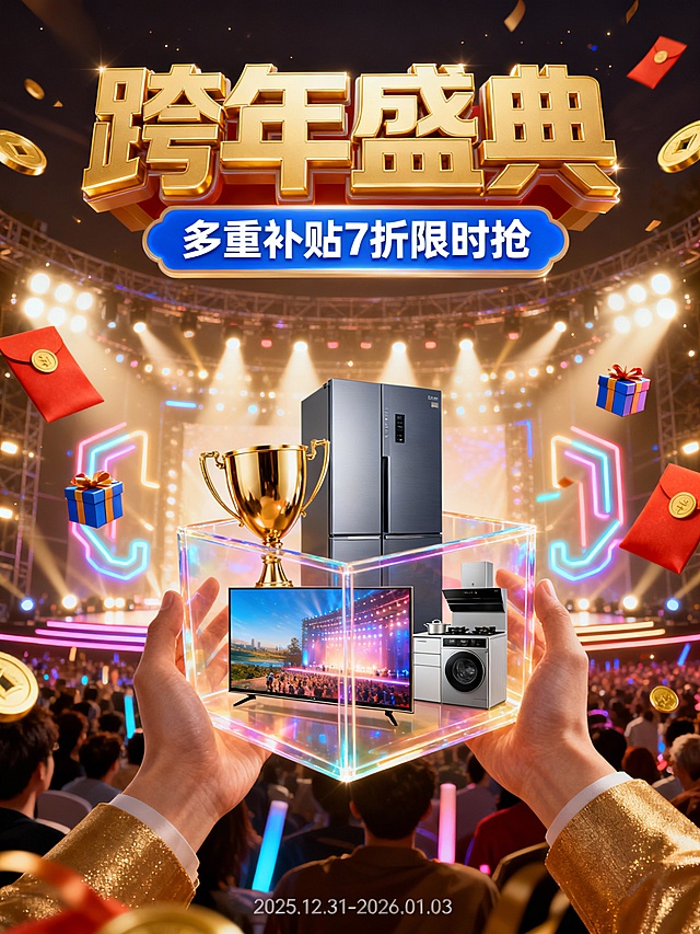 鎏金风与霓虹灯风交织，3D立体舞台呈现跨年盛典氛围，重拟物家电陈列于透明展台，搭配综艺感灯光与喜庆元素，传递奢华科技感促销盛宴。