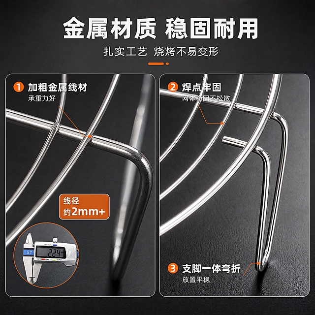 [商品] 使用【图3】【图4】带柄圆形金属烧烤网的细节图；保留金属线材粗细、焊点工艺、支脚弯折结构、金属银色材质与真实质感；增强金属光泽与细节清晰度，去除原图背景杂色。
[画面] 目标：材质细节页，展示金属材质与工艺品质，体现结构稳固不易变形。构图：左右分栏，左侧为线材微距特写（参考图3卡尺测量感，展示线径粗细），右侧为支脚与焊点细节特写（参考图4）；上方留白放标题。景别：微距特写，突出材质纹理、焊点工艺、金属光泽。信息载体：数据浮窗+引线标注，标注关键材质参数。背景：深灰渐变底，带细腻颗粒，突出金属质感。
[视觉] 套系策略：风格=国内电商功能解决型商业摄影，干净利落带烟火气；标题字=阿里巴巴普惠体粗体；正文字=阿里巴巴普惠体常规体；主色=金属银灰+暖炭黑；背景延展=基于暖炭黑与银灰色做深浅层级、同色渐变和细腻磨砂/金属质感；强调色=暖橙红，仅用于小面积图标、引线和标签；标题色=暖白色；正文色=浅暖灰色；组件=圆角深色信息卡、细线引线、暖橙数据浮窗；光影=侧前硬柔光，金属线材高光锐利清晰，立体感强，质感真实。
[文字] 顶部主标题"金属材质 稳固耐用"，副标题"扎实工艺 烧烤不易变形"；两处细节标注：①「加粗金属线材 承重力好」（配线径数据浮窗，用"约2mm+"保守表达），②「焊点牢固 网体稳固不松散」，③「支脚一体弯折 放置平稳」；文字全部横向排版，不遮挡细节主体。
[规格] 图片比例1:1，分辨率4K，质量medium；避免变形、错字、文字过小、冷蓝背景、产品结构改变、极限词与违禁词。