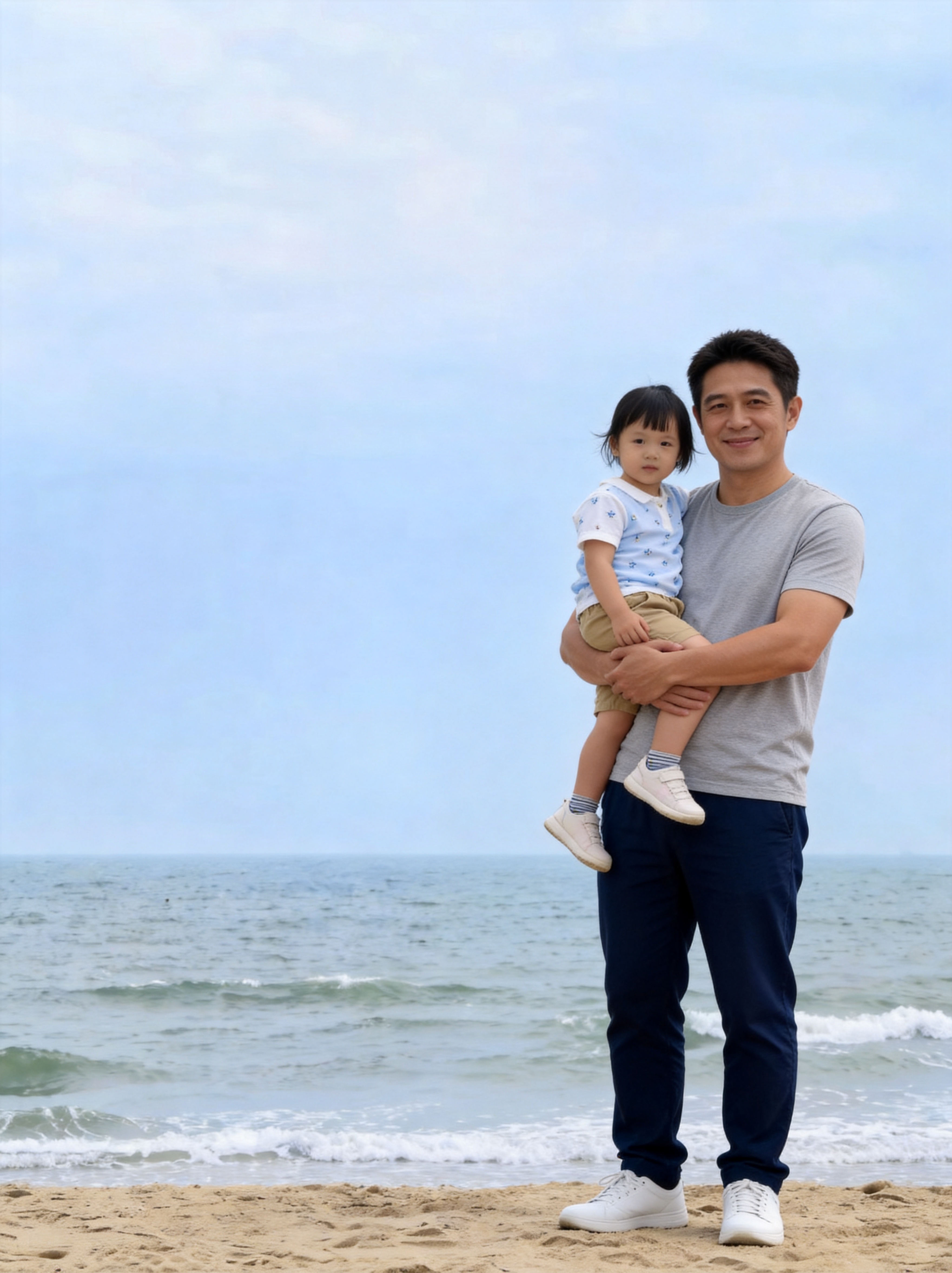 生成海边沙滩亲子合影写真（单幅画面，无拼图），保留参考图中小女… - 图片创意预览
