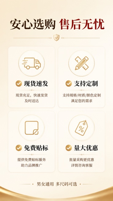 [第10屏] 窄四根护腰带售后与购买保障说明页。本屏不需要产品主体展示，但保持风格一致。[氛围/风格] 沉稳可信的售后服务页，简约专业医疗保健风格，温暖干净视觉感受。[元素布局] 顶部大标题，下方分四预览效果