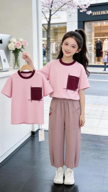 用图1短袖和裤子替换掉图2的模特身上穿的衣服裤子和模特手里衣架上挂着的衣服，保留原场景光影，保持图2的人物的五官和发饰不变，姿势姿势变为面向镜头自然站立，拍摄角度不变，模特的朝向不变，背景不变，图片宽预览效果