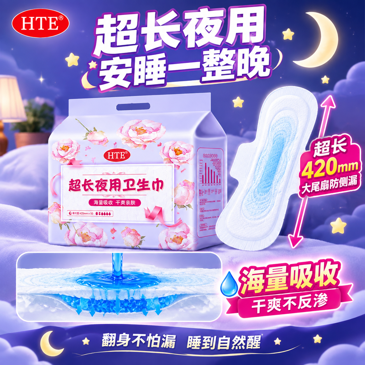 [主图-3] 超长夜用款卖点图，突出超长尺寸和海量吸收的夜用防… - 图片创意预览