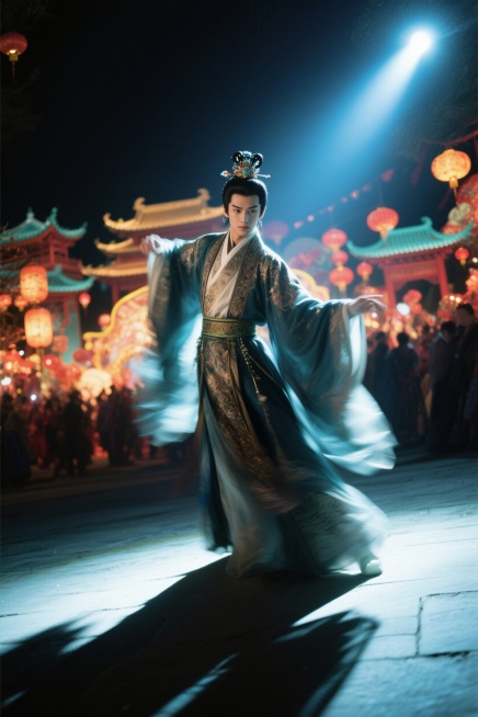 符合跨年狂欢宋代主题的乐园KV人物，包含一名动态姿势的全身汉服男子，服装华丽精美，搭配符合宋代风格的发饰与首饰，动作灵动有活力，背景融入宋代跨年狂欢的喜庆热闹氛围，整体画面适配乐园主KV设计预览效果