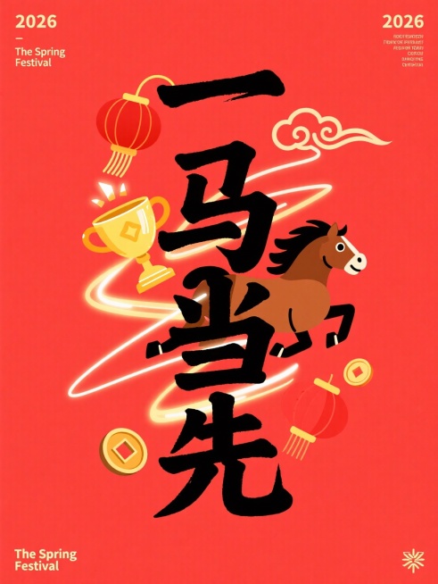 主体是竖版黑色 “一马当先”，拙气扁平手写风格，上下保留一定边距。叠加于正红底色之上，字间穿插卡通棕马（向前冲刺，鬃毛飞扬）、金色奖杯、光效线条、铜钱、红灯笼、祥云符号，点缀 “2026”。四角辅以预览效果