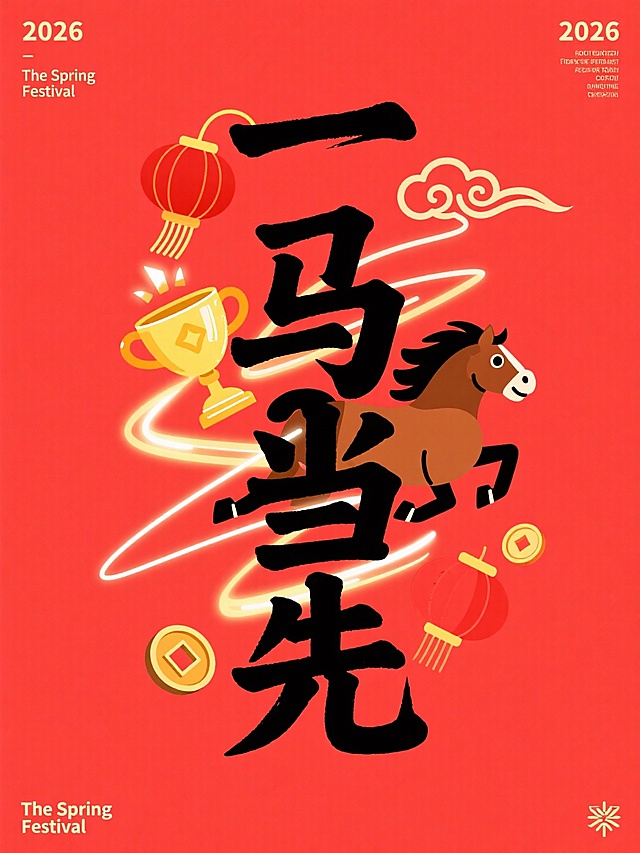 主体是竖版黑色 “一马当先”，拙气扁平手写风格，上下保留一定边距。叠加于正红底色之上，字间穿插卡通棕马（向前冲刺，鬃毛飞扬）、金色奖杯、光效线条、铜钱、红灯笼、祥云符号，点缀 “2026”。四角辅以 “2026”“The Spring Festival” 小字装饰元素，整体呈现争先向上的国潮风格。