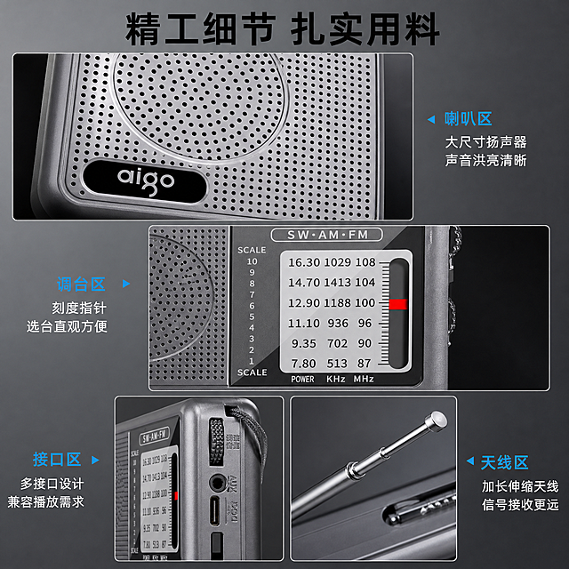 [主图-3] 爱国者全频段收音机核心结构细节展示
[氛围风格] 精密科技质感，突出产品做工细节
[画质] 微距商业摄影质感，细节清晰锐利，材质真实自然
[元素] 分三个特写窗口展示产品核心结构：上方大窗口展示喇叭网罩纹理微距特写，中间横向展示调台刻度区域完整特写，下方分左右两个小窗口，左窗口展示侧边接口和按键特写，右窗口展示伸缩天线尖端和根部金属质感特写。保持每个部位的材质、颜色、结构和原图完全一致，杜绝变形模糊。背景为深灰色渐变，突出产品细节
[光影] 侧光打亮产品细节纹理，金属和塑料的质感差异明显，纹理清晰，细节处明暗对比自然，突出做工的精密感
[配色] 深灰背景衬托银灰色产品，金属银色细节点缀，品牌红和蓝色功能标识跳色，整体简洁专业
[视角构图] 三分结构布局，大小窗口错落有致，每个细节区域都完整展示不裁切
[文字版式] 顶部主标题写"精工细节 扎实用料"，黑色粗体居中。每个特写窗口旁标注细节名称：喇叭区标注"大尺寸扬声器 声音洪亮清晰"，调台区标注"刻度指针 选台直观方便"，接口区标注"多接口设计 兼容播放需求"，天线区标注"加长伸缩天线 信号接收更远"，文字清晰不遮挡细节，排版错落有致
[输出要求] 1:1比例，文字清晰可辨，超高清商业摄影质感
[负向提示词] 变形，文字错乱，产品图模糊，背景杂乱，水印，电商平台Logo