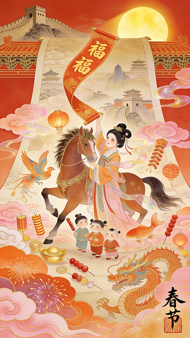 极繁主义，极繁构图，国潮插画，主体与主题：中国春节主题插画，以「春节」文化为核心，融合中国唐朝侍女与马年生肖马、春节古建筑元素。画面中心为身着唐朝服装的侍女少女，少女与身旁的马年生肖马形成亲密互动，少女手中拿着一张写有「福」字的春联，马的姿态灵动，与少女共同构成画面核心视觉焦点。少女与马身旁环绕孩童与瑞兽（凤凰、锦鲤），背景是展开的复杂画卷，画卷内部与外部衔接着中国地标建筑（如长城等），祥云呈流体