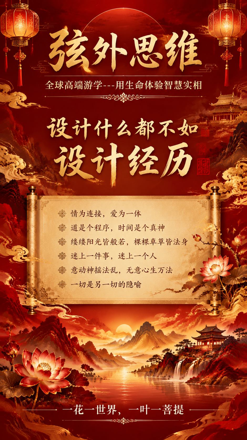 高端哲学游学宣传海报，竖版9:16，红金东方华贵风格。深红渐变… - 图片创意预览