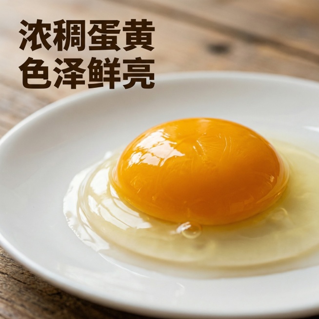 [主图主题] 农家谷物鸡蛋细节展示
[氛围/风格] 田园整洁自然风，微距真实质感
[画面元素] 微距特写，展示磕开后完整蛋黄放置在干净瓷盘上，放大展示蛋黄通透油亮的光泽和浓稠细腻质感，蛋白清澈透亮，背预览效果