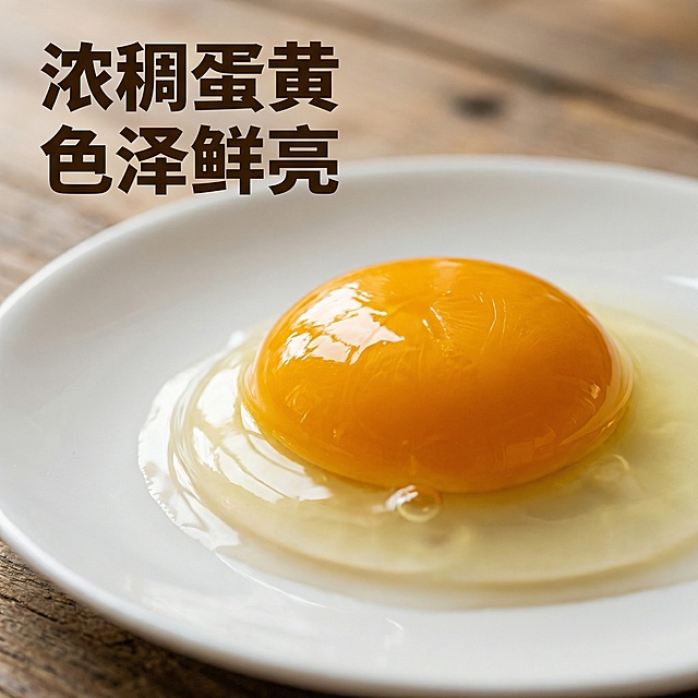 [主图主题] 农家谷物鸡蛋细节展示
[氛围/风格] 田园整洁自然风，微距真实质感
[画面元素] 微距特写，展示磕开后完整蛋黄放置在干净瓷盘上，放大展示蛋黄通透油亮的光泽和浓稠细腻质感，蛋白清澈透亮，背景虚化，突出蛋黄细腻纹理和鲜亮色泽，自然暖光突出食欲感。
[配色色系] 主色调：蛋黄橙黄色、蛋白乳白色；辅助色：瓷盘白色、背景暖木棕色
[视角构图] 微距特写，蛋黄占据画面中心，浅景深突出主体
[文字版式] 左上角悬浮文字 "浓稠蛋黄 色泽鲜亮"，深棕色粗体字，背景干净无遮挡，不遮盖蛋黄主体细节，保持画面简洁突出产品本身。
[比例分辨率] 2k分辨率
