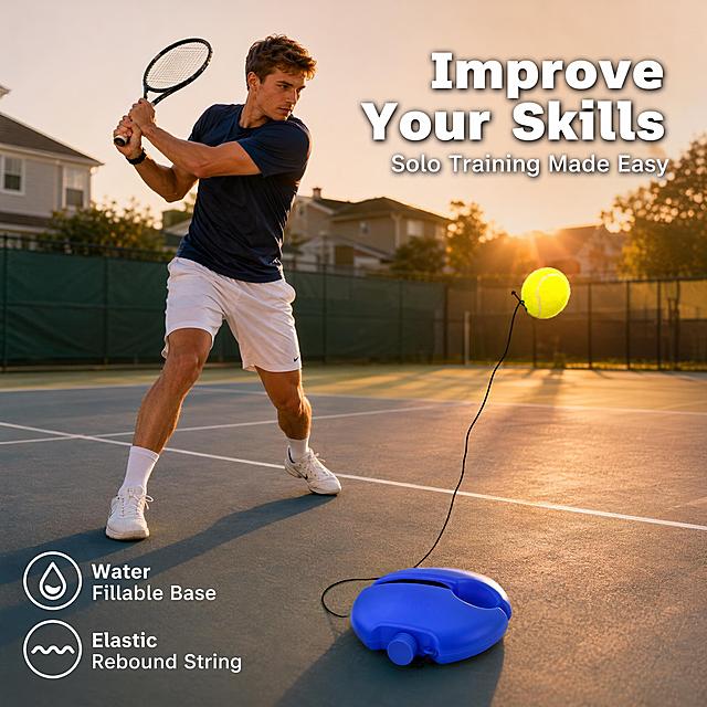 Amazon lifestyle scene image, young man in sportswear using a solo tennis trainer for practice on a residential backyard tennis court. The blue plastic trainer base with water fill cap sits on the court, yellow tennis ball with black elastic string rebounding. Man in navy blue athletic shirt and white shorts, backhand swing motion, dynamic action. Golden hour warm sunlight, suburban houses and green fence in background. Keep the blue tennis trainer base and yellow ball appearance exactly consistent with input product image. Commercial lifestyle photography, natural lighting, authentic action. Light warm gradient overlay. English text layout: top right area has headline "Improve Your Skills" in bold white font with subtle dark outline, subtitle "Solo Training Made Easy" below it. Bottom left feature icons with text: "Water Fillable Base", "Elastic Rebound String". 1:1 square ratio, high resolution, professional e-commerce style. Negative: blurry, deformed product, wrong colors, Chinese characters, watermark, logo