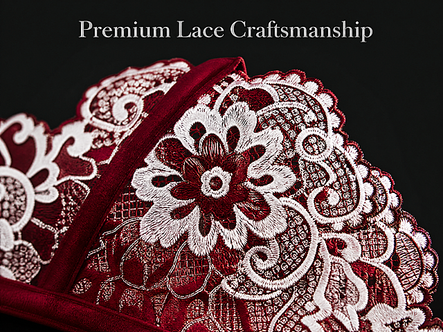 [Screen 3] Lace Texture Detail Close-up for Rose Muse red lace two-piece lingerie set. This screen uses [image1] as the product main body, focus on magnifying the local lace embroidery details, keep the original color and material consistent. [Atmosphere/Style] Exquisite close-up commercial photography, highlight the delicate craft and texture. [Element Layout] The lace detail area is magnified in the center of the screen, accounting for about 75% of the screen. Capture the overlapping of the red base fabric and white lace embroidery, the hollow pattern, the clear flower winding structure. The surrounding background is pure dark gray, highlight the lace layering. Keep the overall color matching of the product consistent with the original image. [Lighting & Texture] Soft side light, through the light to highlight the three-dimensional sense of lace hollow, the embroidery thread texture is clearly visible, the edge details of lace are clearly presented. [Color Matching] Global background color #1a1a1a (deep dark grey); product: burgundy red + off-white lace, the color is consistent with the original image. [Perspective & Composition] Partial close-up perspective, focus on the lace texture, center composition. [Text Layout] Top title "Premium Lace Craftsmanship", centered, light silver serif font, the text does not cover the core detail area. [Proportion & Resolution] 4:3 vertical proportion, 4K resolution, ultra clear details, 4K resolution. [Negative Prompt] Deformed texture, fuzzy embroidery, wrong color, distorted structure, watermark, text confusion, Chinese characters, messy background.