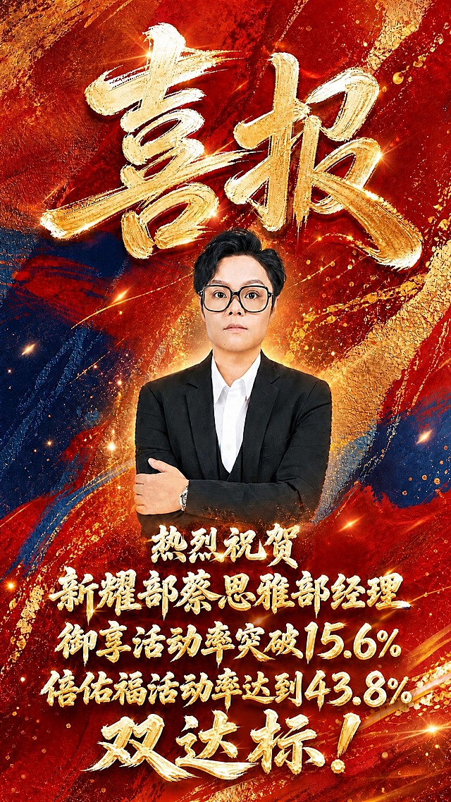 在这张喜报海报的基础上，调整下方正文文字的颜色效果，做成金白渐变的颜料笔触质感——字体主体为金色厚涂颜料质感，笔画边缘和高光处带有白色提亮，形成金中有白、白边镶金的立体效果，好看且层次丰富，与主标题"喜报"的质感风格统一。文字内容和排版位置完全保持不变："热烈祝贺"、"新耀部蔡思雅部经理"、"御享活动率突破15.6%"、"倍佑福活动率达到43.8%"、"双达标！"。所有数字精确渲染："15.6%"、"43.8%"。主标题"喜报"、人物形象、红金蓝笔触背景、光斑高光等所有其他元素完全保持原样不变。不含二维码占位。