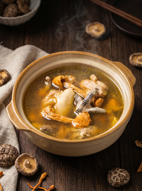 提取产品包装上的黑脚土鸡汤图片，生成一张精美的食品海报，不要添加任何文字，保留鸡汤原汁原味的美食质感，画面干净高级预览效果