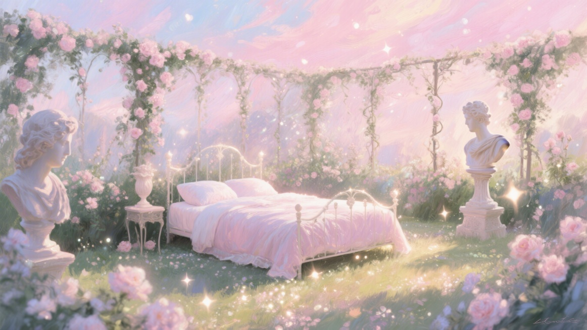 梦境花园，床与雕塑同框印象派粉色调油画，花园中央摆放着柔软大床，四周环绕梦境花朵与复古雕塑，花爬架缠绕淡粉花藤，天空是柔粉霞光，光影氤氲朦胧，笔触松散唯美，梦幻到极致预览效果