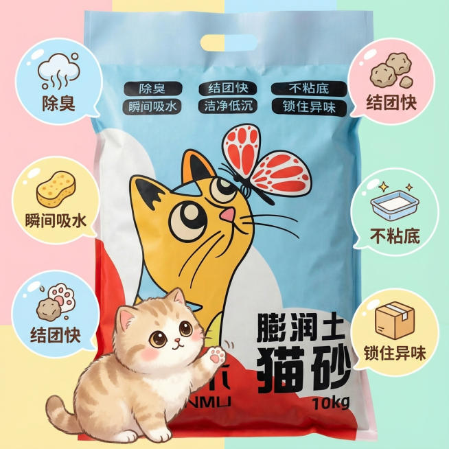 我是在拼多多卖猫砂的 帮我设计10张拼多多主图 要求可爱一点 吸睛一点 可以有小猫点缀预览效果