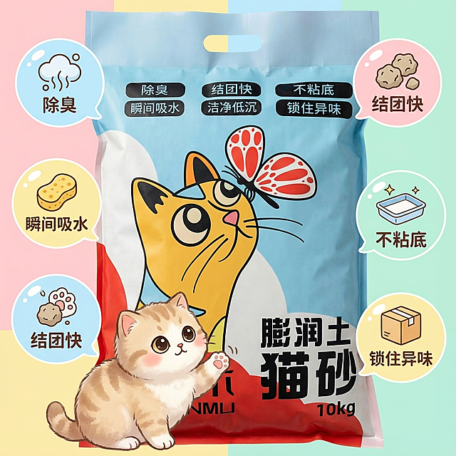 我是在拼多多卖猫砂的 帮我设计10张拼多多主图 要求可爱一点 吸睛一点 可以有小猫点缀