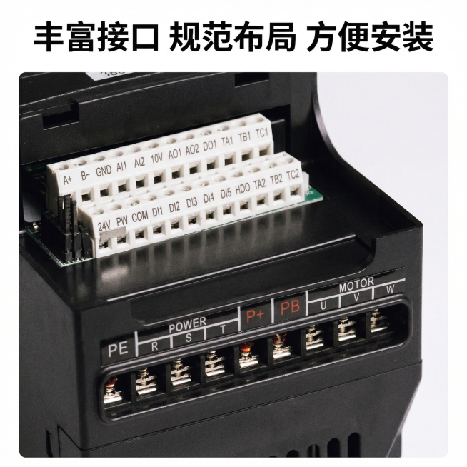[主图 4] 变频器接线端子接口细节特写，[氛围/风格] 专业干净科技工业风，微距细腻质感，[画面元素] 特写展示变频器下方接线端子区域，保持端子布局和标识与参考图5一致，清晰呈现接线位标识和金属端子预览效果