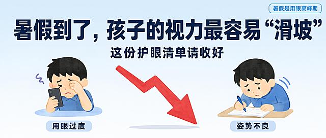 irasutoya简洁插画风，2.35:1横版海报，极简风格，浅蓝色到白色渐变背景，干净无复杂图案，配色：主色浅蓝色+白色，少量红色，字体加粗蓝黑色黑体。整体左右对比+中间箭头构图，元素不超过3个，保持简洁。顶部最大字主标题："暑假到了，孩子的视力最容易“滑坡”"，副标题小一号字："这份护眼清单请收好"。左侧：简约irasutoya风格小孩揉眼睛看手机，小字标注："用眼过度"。右侧：简约irasutoya风格小孩低头写作业，小字标注："姿势不良"。中间核心：红色向下箭头，表现"滑坡"趋势。角落小字提示："暑假是用眼高峰期"。整体版式精美，文字清晰可读，简洁科普，不堆叠复杂插画，保持irasutoya简约可爱风格。