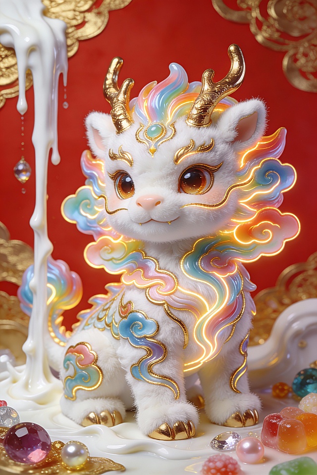 软3D风国潮萌兽，融合鎏金与霓虹光效，毛发生长质感细腻，梦幻云纹环绕，喜庆红金背景衬托可爱感，中式祥瑞元素跃然眼前。