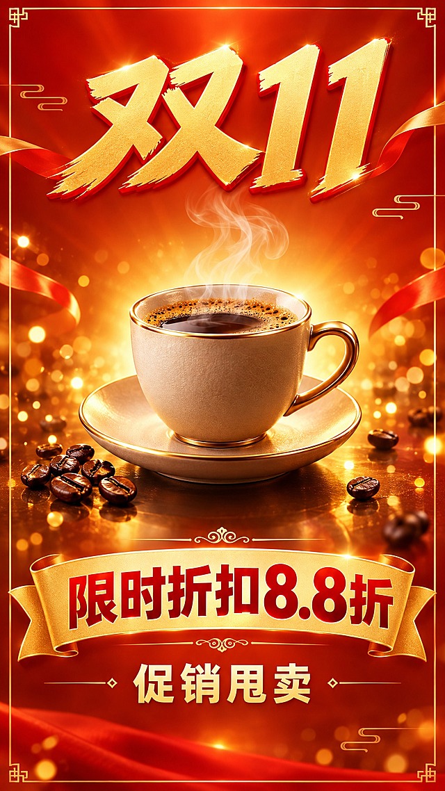 双11促销甩卖咖啡杯营销海报，暖色调主色（橙红、暖金、琥珀色渐变），视觉冲击力强，商业设计风格，排版清晰简洁。画面中央展示一款精致咖啡杯产品，杯身质感高级，周围有温暖光晕效果。上方醒目"双11"字样，中间突出"限时折扣8.8折"大字标题，下方有"促销甩卖"主题文字。暖色系渐变背景搭配金色装饰线条和光斑，营造热烈温暖的促销氛围，适合社交媒体传播的竖版海报