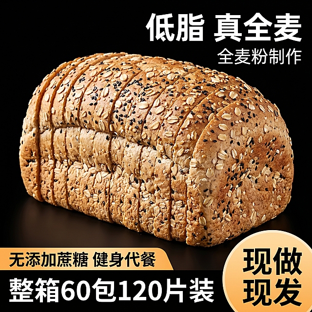 [主图-1 多谷物款] 主体是一整条切片整齐排列的多谷物全麦吐司面包，面包表面撒满燕麦片、黑芝麻等杂粮颗粒，背景为纯黑色。[氛围风格] 写实高清电商食品主图风格，色彩干净明快，光线柔和聚焦面包，突出面包的质感和颗粒纹理，无多余杂物。[画质] 商业摄影质感，光线柔和通透，产品清晰真实，画面干净高级，突出颗粒纹理。商品主体占比严格控制在60%-80%之间，画面满屏无边框。[光影] 柔和中心聚光，主光照亮面包主体，背景纯黑暗化，突出面包颗粒质感和轮廓，无多余阴影。[配色] 背景纯黑色，文字白色和橙黄色，面包为全麦浅棕色，对比强烈清晰。[视角构图] 平视中心构图，主体面包居中。[文字版式] 右上角大号白色加粗主标题："低脂 真全麦"，下方小字白色："全麦粉制作"；底部左侧橙黄色横幅文字："无添加蔗糖 健身代餐"，下方白色大字："整箱60包120片装"；右下角圆形渐变橙黄色标签，内有白色加粗文字："现做现发"。文字与背景强烈对比，清晰可读，不遮挡面包主体。[比例分辨率] 1:1 比例，2k 分辨率；文字清晰可辨，超高清。[负向提示词] 变形，水印，文字错乱，产品图模糊，背景杂乱，文字遮挡主体