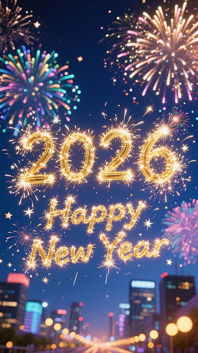 画面中央是金色烟花字“2026”，下方搭配金色烟花英文 “Happy New Year”，背景是深蓝色夜空，布满色彩绚烂的烟花，底部还有城市夜景的灯光光斑