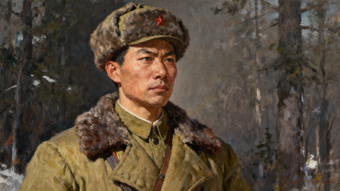 李敏焕烈士半身画像，庄严肃穆，身着抗联军装，神情坚毅，还原革命烈士的英雄形象，风格写实预览效果