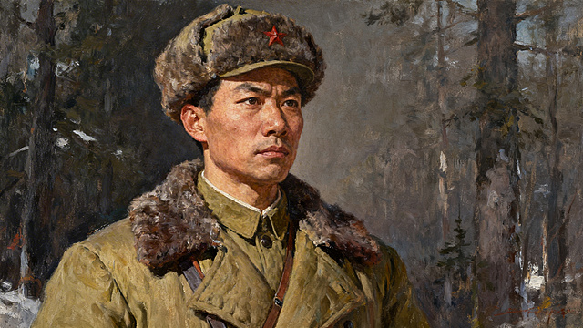 李敏焕烈士半身画像，庄严肃穆，身着抗联军装，神情坚毅，还原革命烈士的英雄形象，风格写实