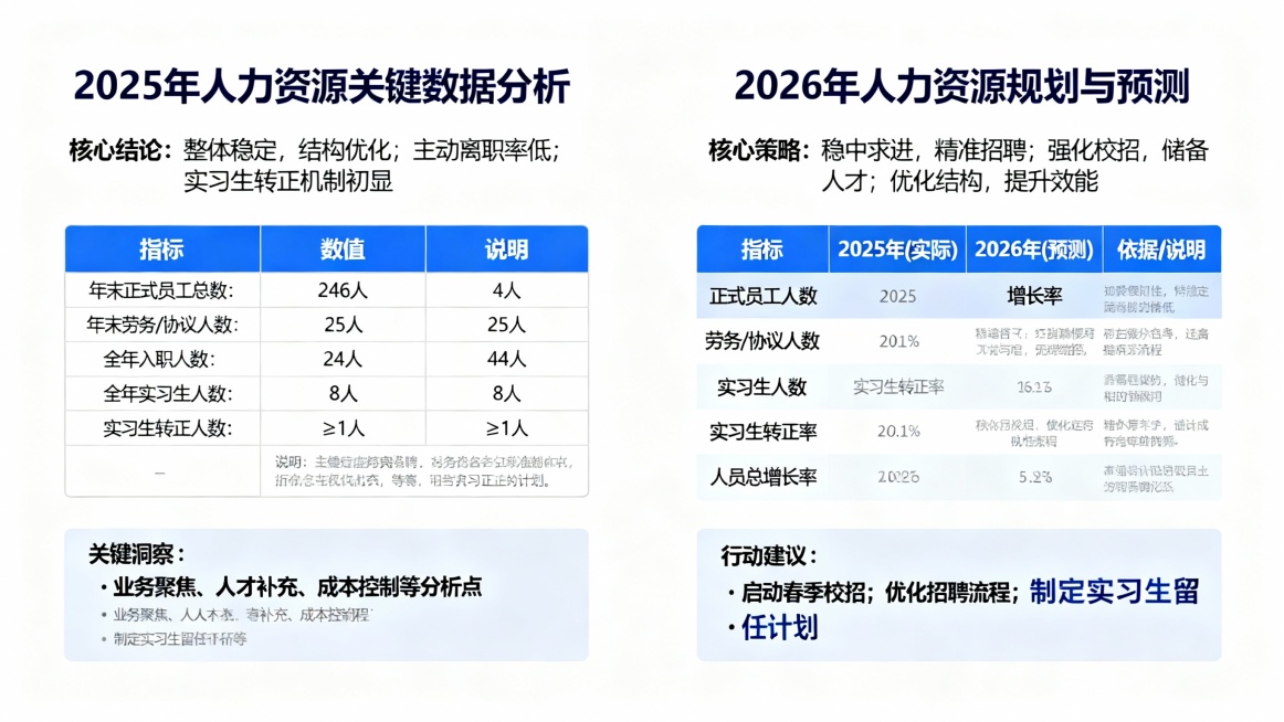 幻灯片1：2025年人力资源关键数据分析
标题： 2025年人力资源关键数据分析
内容：
核心结论：
整体稳定，结构优化
主动离职率低
实习生转正机制初显
详细数据表格：
表格
指标	数值	说明
年末预览效果