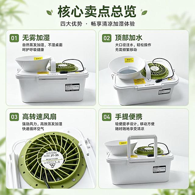 [第3屏] 核心卖点总览，分模块展示四项核心优势，本屏使用三张商品图分别对应不同卖点。
[氛围/风格] 极简森系浅绿风格，模块化设计，干净清晰。
[元素布局] 画面分为四个模块：左上使用【图1】展示无雾加湿卖点，右上使用【图3】展示顶部加水卖点，左下展示高转速风扇卖点，右下突出手提便携设计；每个模块配图片+卖点文字，保持产品外观和结构与原图一致。
[光影质感] 每模块均匀布光，产品清晰，阴影柔和不突兀。
[配色色系] 全局底色 #e8f5e9，模块浅绿边框，深绿色标题，黑色正文。
[视角构图] 四宫格布局，视觉平衡，动线从上到下从左到右。
[文字版式] 每个模块主标题提炼卖点，副标题一句话说明体验优势，文字大小适中，不遮挡产品主体。
[比例分辨率] 1:1正方形比例，4K分辨率，文字清晰可辨，高清画质。
[负向提示词] 产品变形，缺件错件，颜色偏差，文字错乱，文字过小，水印
