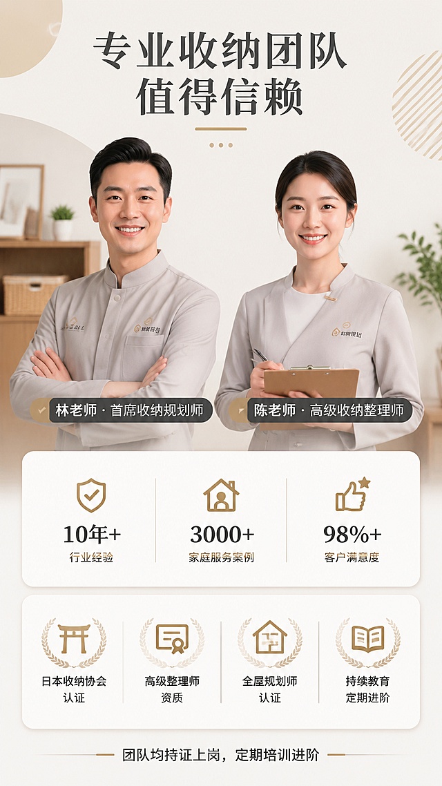 [第4屏] 收纳师团队专业背书详情页，师资资质展示。
[氛围/风格] 专业可信、温暖亲切，人物肖像+履历卡片，商业摄影质感。
[元素布局] 画面上方是两位专业收纳师的职业形象照（一男一女，亚洲面孔，穿整洁工作服，微笑自信），并排展示；下方是履历信息卡片和资质认证图标排列；背景是浅米色，有简约几何装饰。
[光影质感] 人物肖像柔和打光，面部清晰，整体明亮专业。
[配色色系] 全局底色 #F7F5F0；主色深灰+白色卡片；辅助色金色点缀资质图标，原木色装饰。
[视角构图] 上半部分人物肖像，下半部分信息卡片，上下结构，阅读动线从上到下。
[文字版式] 顶部主标题「专业收纳团队 值得信赖」居中；人物下方标注姓名+职称，如「林老师 · 首席收纳规划师」；下方卡片区域展示：「10年+行业经验」「3000+家庭服务案例」「日本收纳协会认证」「高级整理师资质」「全屋规划师认证」等资质标签，配简约图标；底部小字「团队均持证上岗，定期培训进阶」。
[比例分辨率] 9:16竖版比例，4K分辨率，文字清晰可辨，高清画质。
[负向提示词] 变形，水印，文字错乱，文字过小，人物变形，表情不自然，颜色偏差。