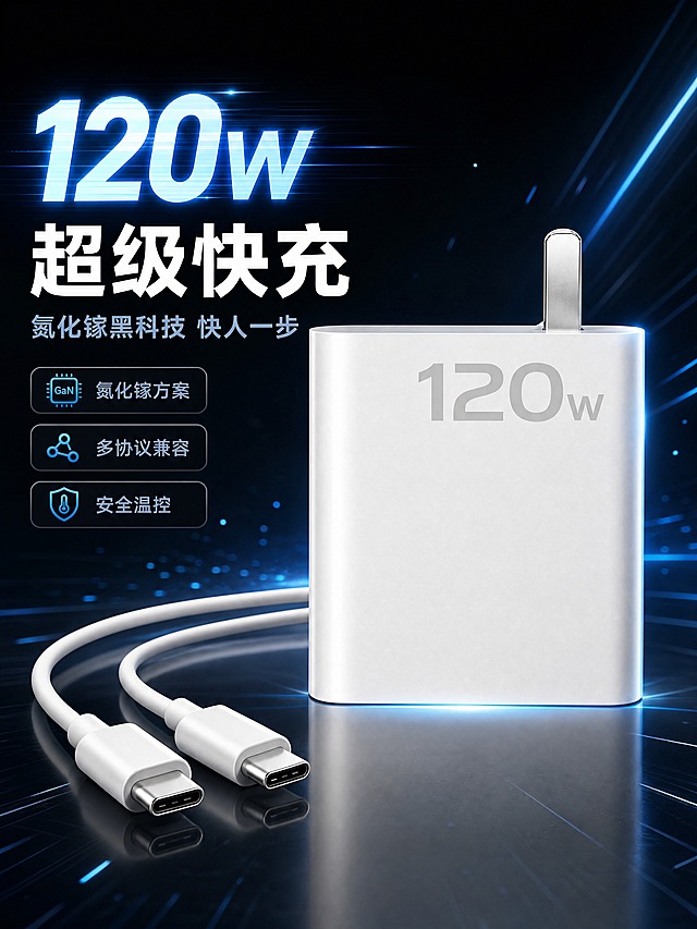 [商品] 使用【图1】白色120W充电器 + Type-C数据线套装；保留充电器方正造型、折叠插脚、正面"120W"银灰色字样、白色哑光外壳、Type-C接口数据线的结构、颜色和材质；产品清晰，无变形缺件。
[画面] 第1张·硬核头图，目标突出120W超级快充核心性能与套装全貌。深色科技性能型版式，大标题压迫型构图：充电器居中偏右，占画面约55%，数据线从右下延伸至左侧形成动线；背景为深灰到炭黑的渐变，带微弱蓝色科技光效与能量线条，充电器底部有柔和反光台；前景有细碎光点与速度线烘托快充氛围；左上为文案区，留白充足。
[视觉] 套系策略：风格=京东数码深色科技商业风；标题字=现代无衬线粗黑体；正文字=简洁无衬线中黑体；主色=深炭灰+科技蓝；背景延展=深灰到炭黑渐变、同色系光晕与能量线条；强调色=电光蓝，仅用于小面积图标、引线、光效和数字高亮；标题色=纯白；正文色=浅灰蓝；组件=圆角深色信息卡、细线引线、发光数字标签；光影=左前侧主光+右侧轮廓蓝光，产品立体感强。
[文字] 左上文案区：主标题"120W 超级快充"大字2行，副标题"氮化镓黑科技 快人一步"，下方3个卖点胶囊：「氮化镓方案」「多协议兼容」「安全温控」，数字"120W"用电光蓝高亮；文字均为横排，不遮挡充电器主体与插脚。
[规格] 单屏比例3:4竖版，4K，负向：避免变形、错字、文字过小、白底孤立产品、冷蓝过度覆盖、商品文字被替换、插脚缺失。