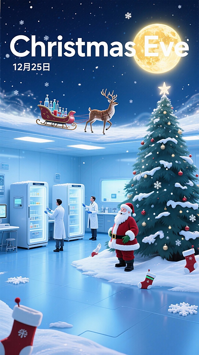 背景是实验室蓝白科技风，有两台医疗冰箱的医疗场所， 夜空悬着晕染暖黄的圆月 雪花流光特效 梦幻场景 有圣诞老人 圣诞树 驯鹿 圣诞袜 驯鹿拉着雪橇在平安夜的夜空缓行 雪橇里面有实验器材 ， 有科研人员在过圣诞节 画面中上边位置有“Christmas Eve”下面配上小文字“12月25日”做装饰 整体保持圣诞主题的欢快氛围 飘白色雪花。 全景式构图 画面大气  雪花飘落在周围  超大圣诞树和圣诞老人