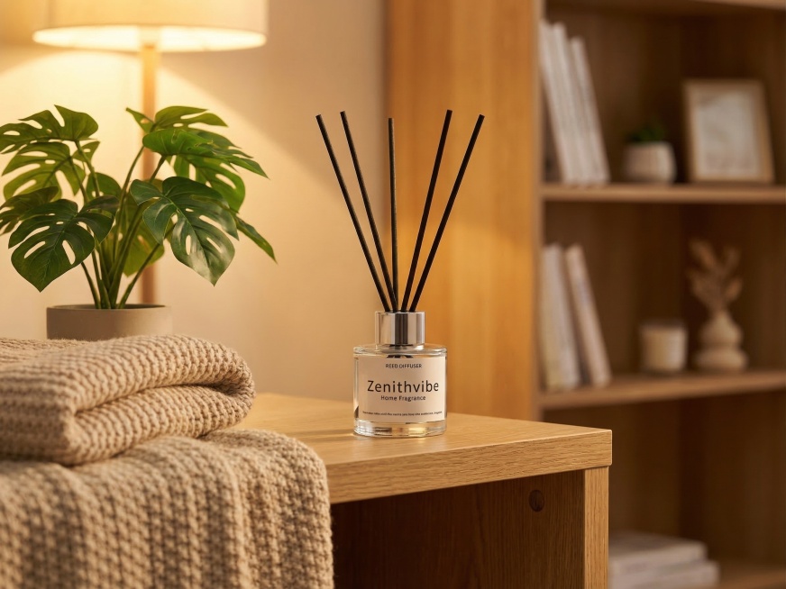 这张图中的藤条香薰放在温馨的居家场景中，背景是浅原木风的置物架，旁边有绿植和柔软的针织织物，暖黄色的柔和光线，整体氛围温馨治愈，高级有质感，突出香薰的家居氛围感预览效果