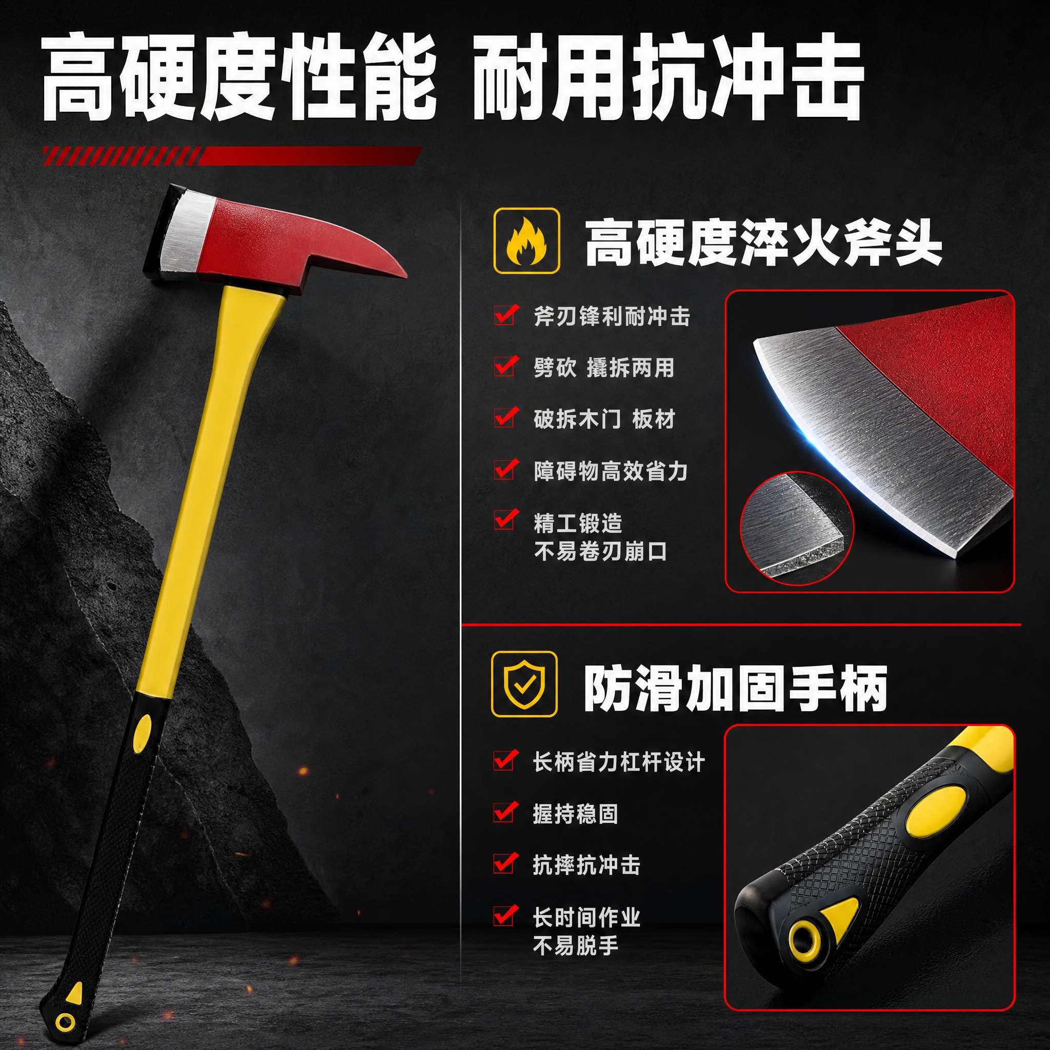 [主图-2] 性能卖点图 核心任务是讲透高硬度淬火斧头与防滑加… - 图片创意预览