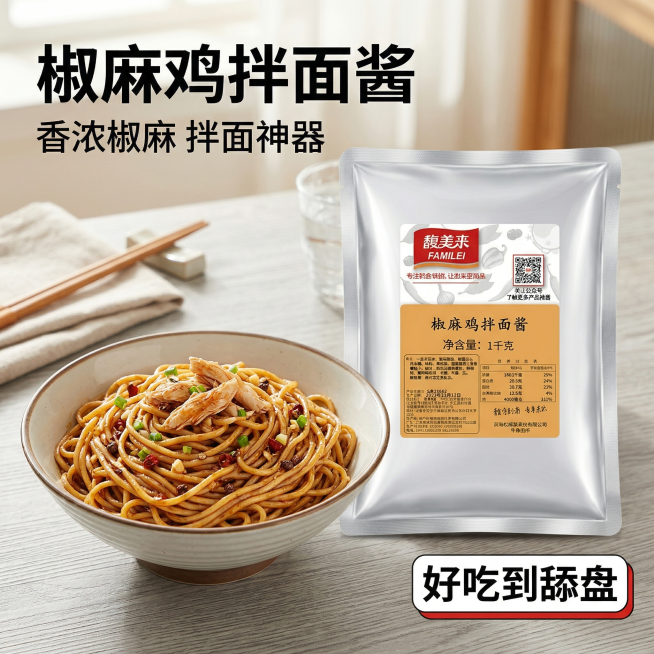 [主图 1] 椒麻鸡拌面酱食欲感首图
[氛围/风格] 高食欲美食风格，自然暖阳光影，真实厨房餐桌场景，浓郁诱人氛围
[画面元素] 椒麻鸡拌面酱包装袋居中展示，旁边摆放一碗煮好的拌面，面条裹着酱汁色泽红预览效果