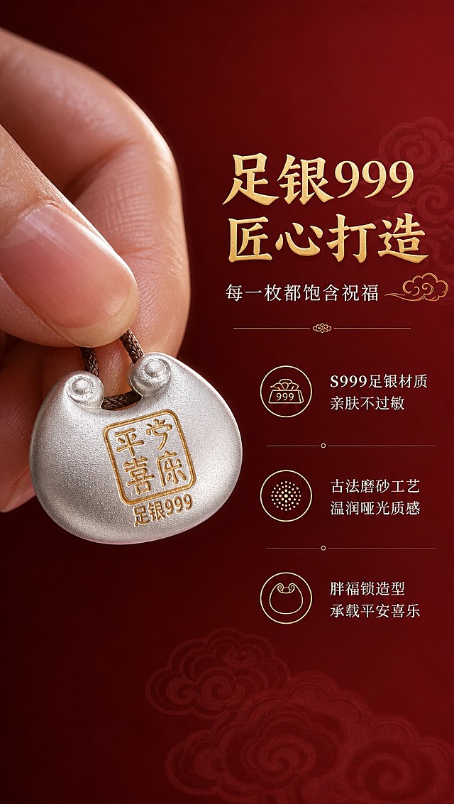 [商品] 使用【图6】手指捏持的平安喜乐款小胖福吊坠特写；保留胖福锁圆润造型、足银999磨砂银色质感、正面金色印章文字、祥云纹双耳、棕色皮绳；商品处理：微距增强磨砂银的细腻颗粒感，金色文字清晰锐利，手指捏持自然真实。
[画面] 目标：工艺故事与材质说明，突出足银999的品质感与设计寓意。构图：左侧为手指捏持的吊坠大特写，右侧为文案区域。主体占比：吊坠与手部占画面45%。景别：微距特写。人物：亚洲女性手指，指甲干净。前中后景：前景手指微虚化，中景清晰的吊坠细节，后景酒红色渐变背景。阅读动线：从左侧吊坠细节到右侧工艺说明。
[视觉] 套系策略：风格=新中式国风高级珠宝商业摄影；标题字=国风书法宋体粗体；正文字=现代简洁宋体；主色=酒红色 RGB(153,44,60)；背景延展=基于酒红色做左右深浅渐变、暗纹祥云肌理；强调色=烫金色，仅用于标题、图标和重点标注；标题色=烫金色；正文色=米白色；组件=细金线分隔、工艺图标、圆角信息卡；光影=侧逆光勾勒吊坠轮廓，磨砂面呈现丰富层次，金色文字有金属反光，质感高级。
[文字] 右侧区域主标题「足银999 匠心打造」，副标题「每一枚都饱含祝福」，下方3个工艺点：「S999足银材质 亲肤不过敏」「古法磨砂工艺 温润哑光质感」「胖福锁造型 承载平安喜乐」。文字均为横排，左对齐，不遮挡吊坠主体。
[规格] 图片比例9:16竖版，4K分辨率，负向提示：避免变形、错字、文字过小、吊坠造型失真、颜色偏差、手指比例失调、过度锐化。