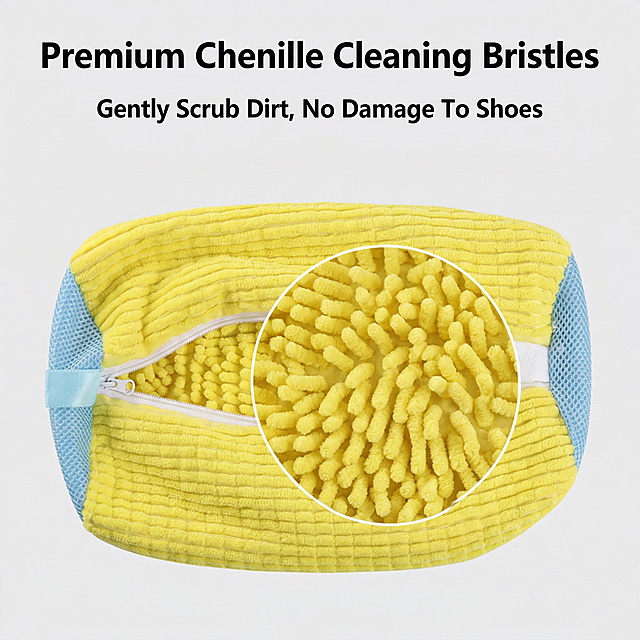 Based on the original product image, keep the yellow shoe washing bag appearance 100% unchanged. Close-up magnification shows the internal chenille particle brush design, highlighting the cleaning material texture. Background is solid light gray. Title "Premium Chenille Cleaning Bristles" at the top, text "Gently Scrub Dirt, No Damage To Shoes" below, bold sans-serif font, slice layout, product not cut, full screen background, keep original product color shape, European and American cross-border style.