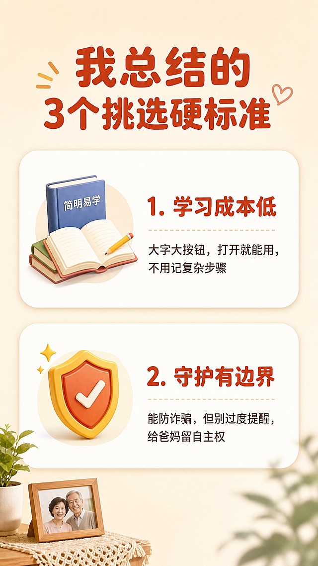 抖音图文第3张选品标准上，暖色调温馨风，底色暖米白色。顶部标题：「我总结的3个挑选硬标准」，深橙红色圆润粗体大字。画面中间是上下两个圆角白色卡片，各配一个小图标，分述两个标准。第一个卡片：配书本/学习小图标，标题文字「1. 学习成本低」，深橙红色粗体，下方说明文字「大字大按钮，打开就能用，不用记复杂步骤」，深棕色常规字。第二个卡片：配盾牌小图标，标题文字「2. 守护有边界」，深橙红色粗体，下方说明文字「能防诈骗，但别过度提醒，给爸妈留自主权」，深棕色常规字。卡片有轻微阴影，圆角柔和。整体风格统一柔和，子女给爸妈做攻略的真实感。版式精美，信息层级清晰，文字完整处于安全区内不可裁切。画面比例9:16竖版。