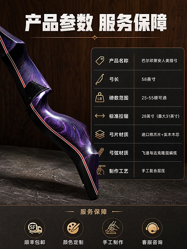 [商品] 使用【图9】紫色弓把背面特写图；保留紫色木纹、黑色侧边、红白装饰线、握把造型、毛皮箭台细节；商品处理：增强木纹纹理清晰度和工艺细节质感，去除背景杂物。
[画面] 页面目标=规格参数与服务保障信息汇总；构图=左右分栏，左侧弓把产品特写占45%，右侧参数信息卡+服务承诺占55%；景别=中景产品+信息排版区；前中后景=前景弓把产品、中景深灰质感台面、后景深棕木纹渐变背景；阅读动线=顶部标题→左侧产品→右侧参数表→底部服务保障。
[视觉] 套系策略：风格=运动户外硬朗商业摄影风；标题字=粗黑体+力量感；正文字=简洁无衬线黑体；主色=深棕木色+炭黑；背景延展=基于深棕木色做深浅层级、同色渐变和岩石/木纹质感；强调色=古铜金，仅用于小面积图标、引线和标签；标题色=米白色；正文色=浅暖灰；组件=深色信息卡、细线引线、古铜金图标；光影=侧光突出弓把造型和木纹层次。
[文字] 顶部主标题「产品参数 服务保障」；右侧参数信息卡：产品名称/巴尔印第安人美猎弓、弓长/58英寸、磅数范围/25-55磅可选、标准拉锯/28英寸（最大31英寸）、弓片材质/进口熊爪片+实木木芯、弓弦材质/飞速与达克隆混编弦、制作工艺/手工复合层压；底部服务保障图标+文字：顺丰包邮 / 颜色定制 / 手工制作 / 客服咨询；文字全部横排，参数表清晰易读。
[规格] 图片比例3:4竖版，4K分辨率，负向提示：避免变形、错字、文字过小、冷蓝/蓝灰背景、产品颜色改变、极限词、虚假承诺、二维码、水印。