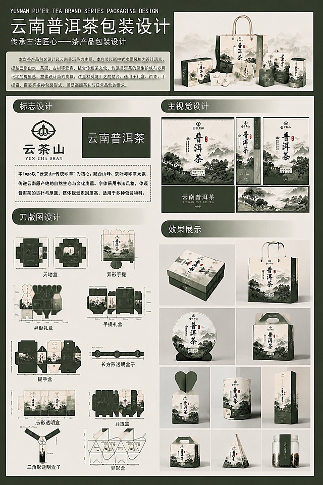 将这张云南普洱茶包装设计展示长图整体尺寸缩小，保持所有内容清晰可见，布局和内容不变